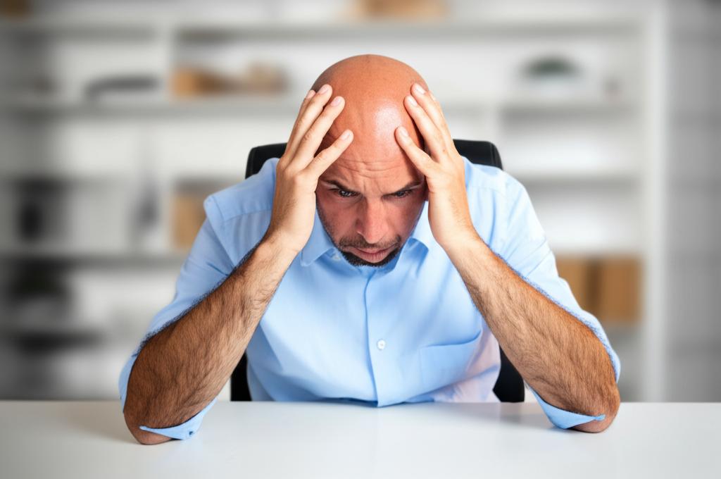 Worried businessman sitting at desk with thinning hair, stressed expression.