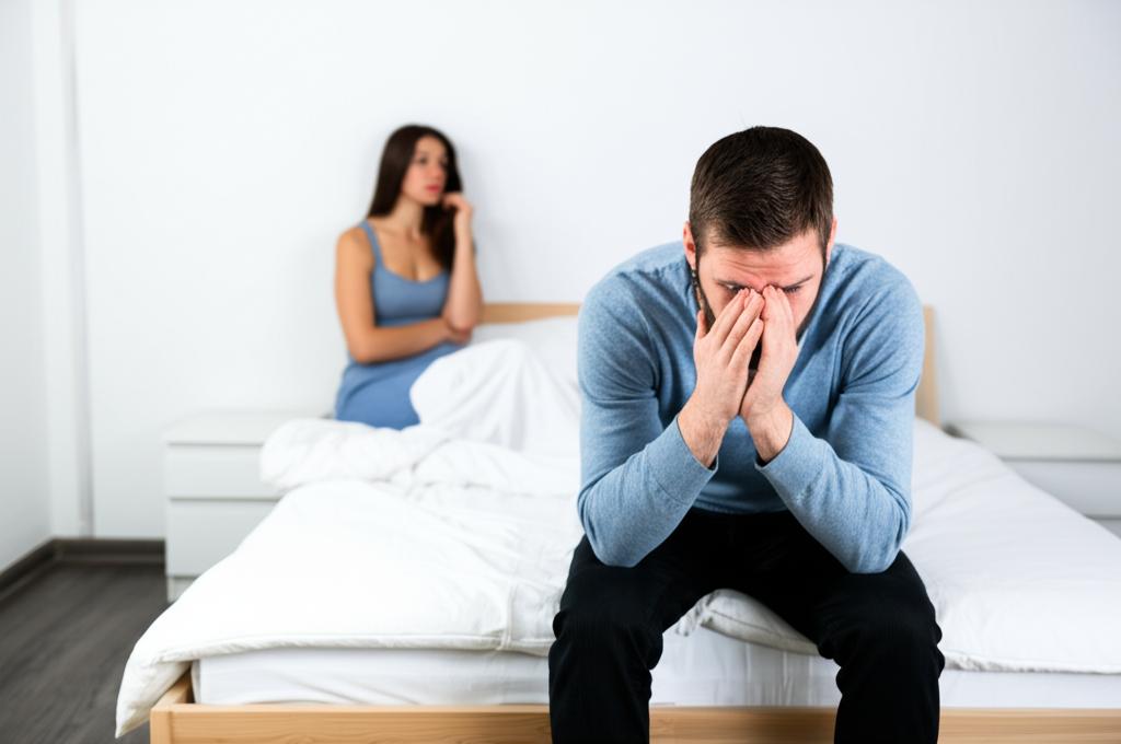 Worried man sitting on the edge of the bed, looking down, with a disappointed woman in the background.