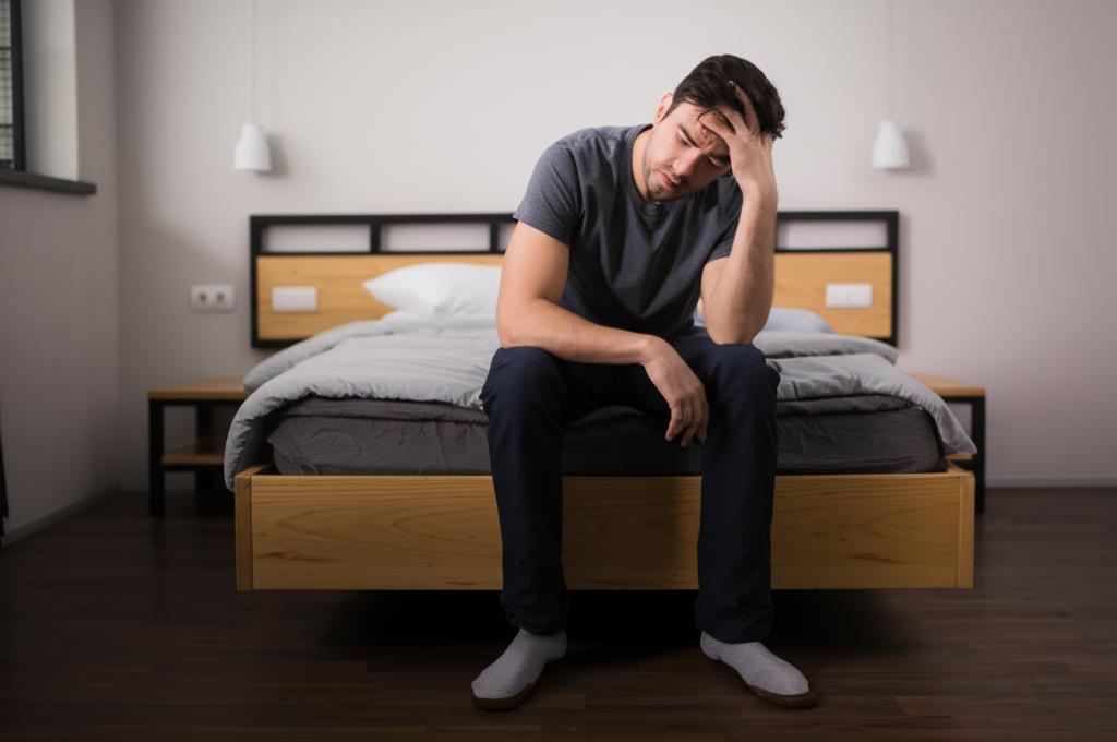 Frustrated man sitting on edge of bed, looking tired and stressed, dim lighting, modern bedroom