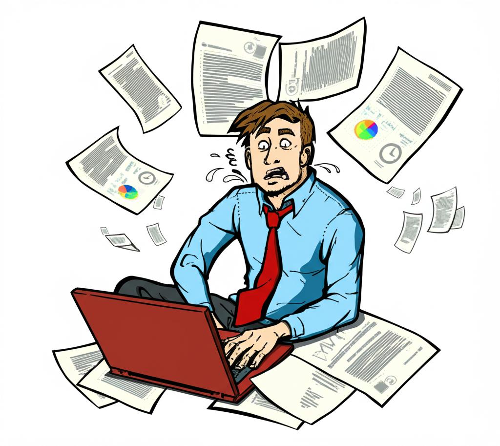 Illustration of a stressed man with low energy, perhaps with work documents around him
