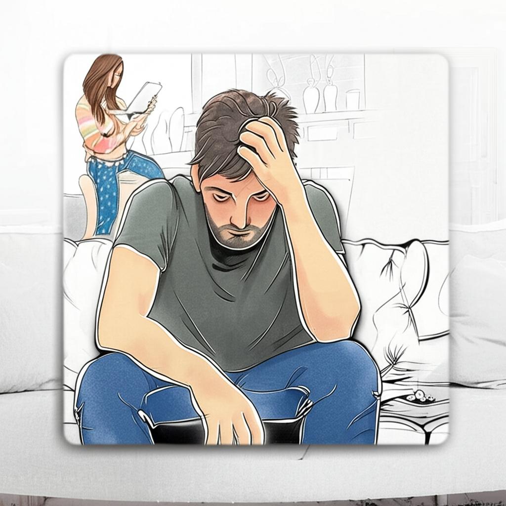 Illustration of a tired man sitting on a couch, looking stressed, with a distant wife in the background.