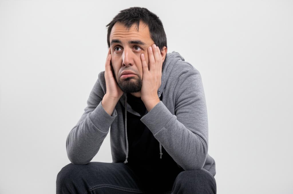 Man looking frustrated and tired, sitting alone