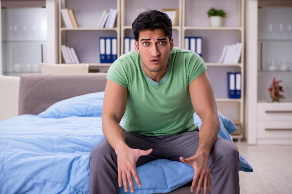 A frustrated man sitting alone on a bed, looking worried, hinting at marital issues