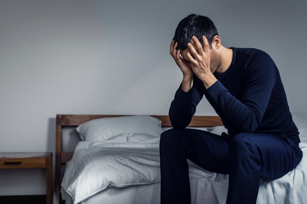 Frustrated man sitting on bed, head in hands, low light