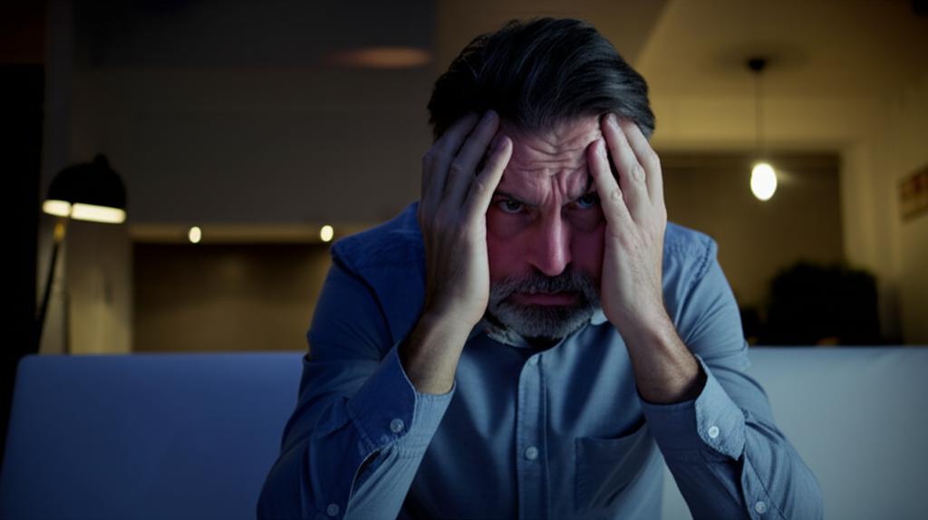 A middle-aged man looking stressed and worried, sitting alone in a room with dim light, symbolizing anxiety about performance.