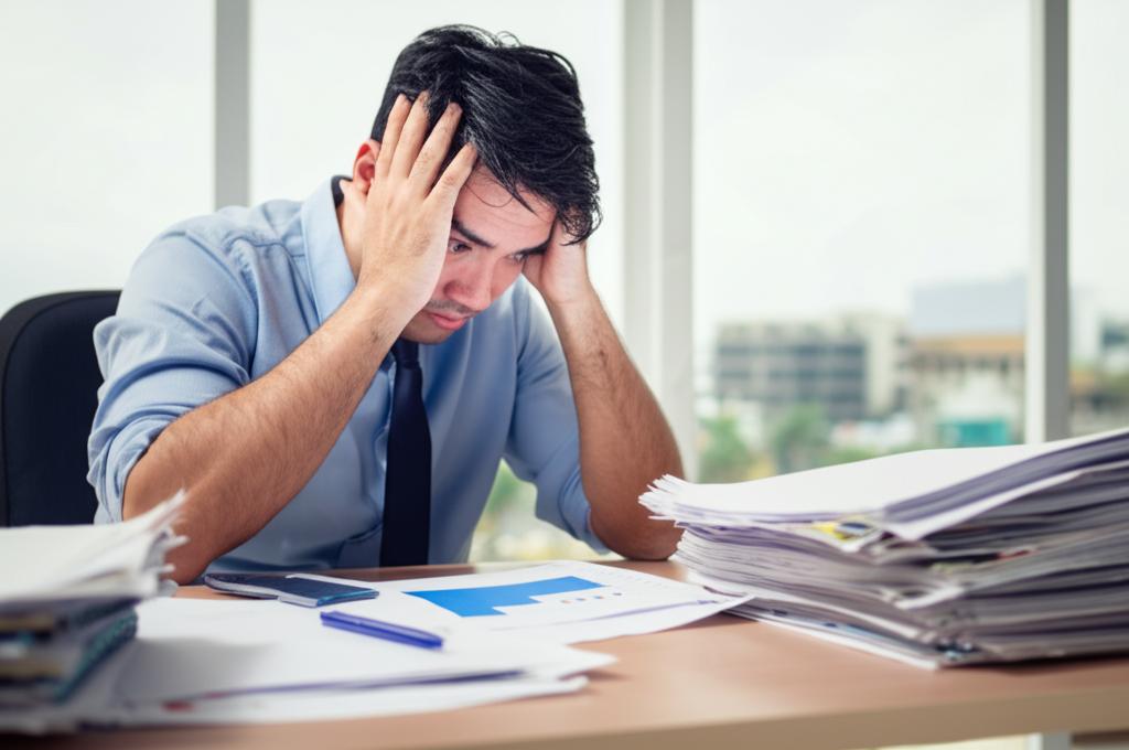 A stressed middle-aged man sitting at his desk, surrounded by paperwork, looking exhausted.