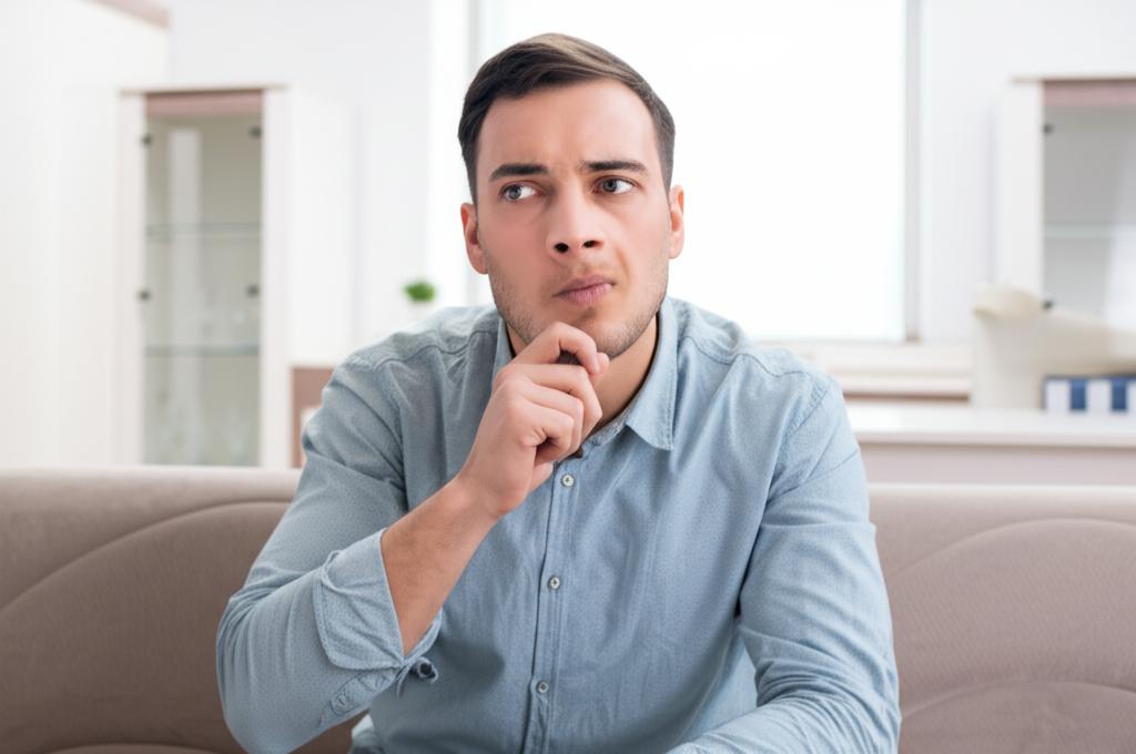 A man looking thoughtful or concerned while sitting on a sofa at home