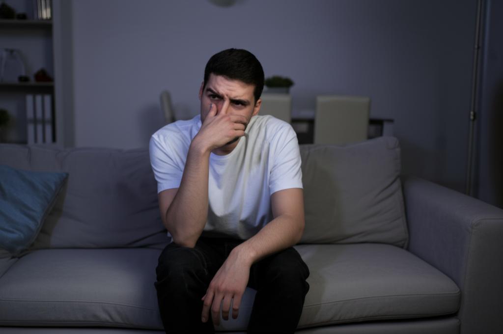 Young man feeling tired and weak after staying up late, sitting slumped on a sofa, dim lighting, feeling drained, low energy level