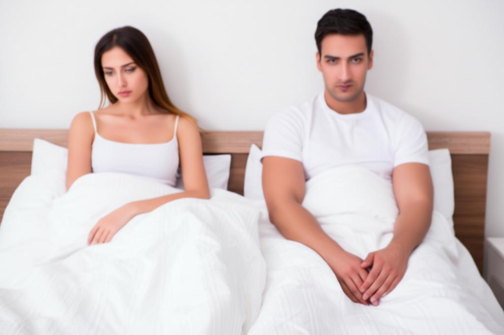Couple looking distant and sad in a bedroom setting, illustrating lack of intimacy