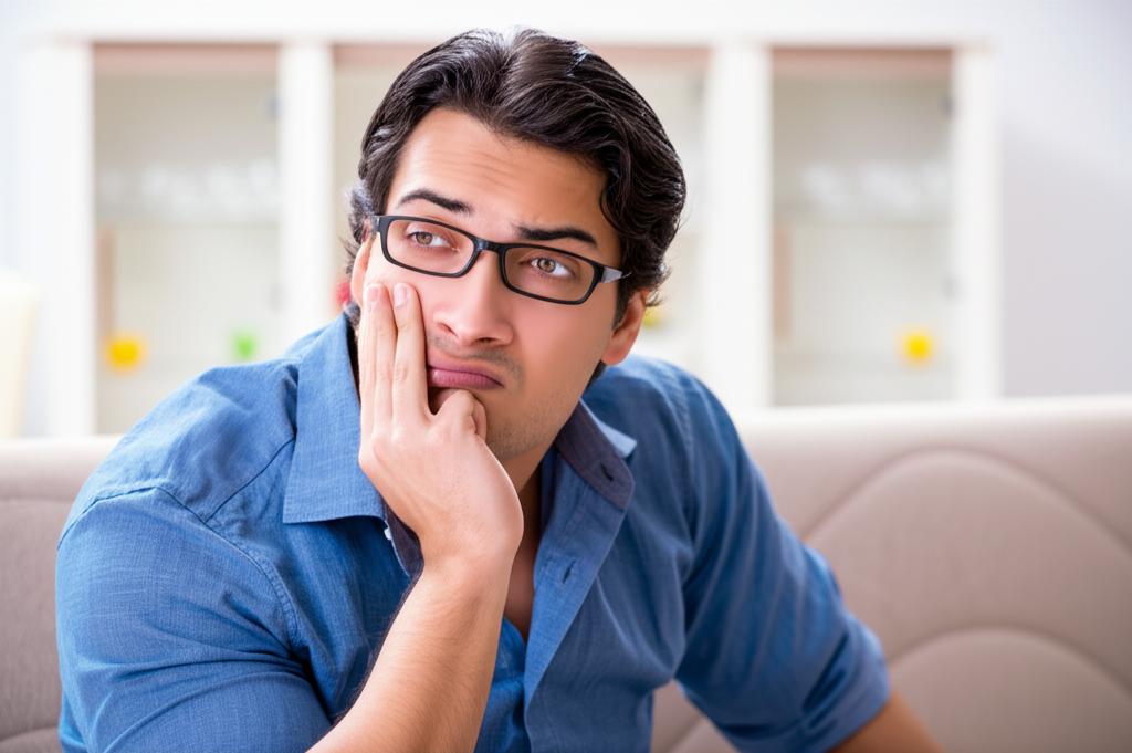 A man looking stressed and thoughtful while sitting on a couch, representing marital intimacy concerns.