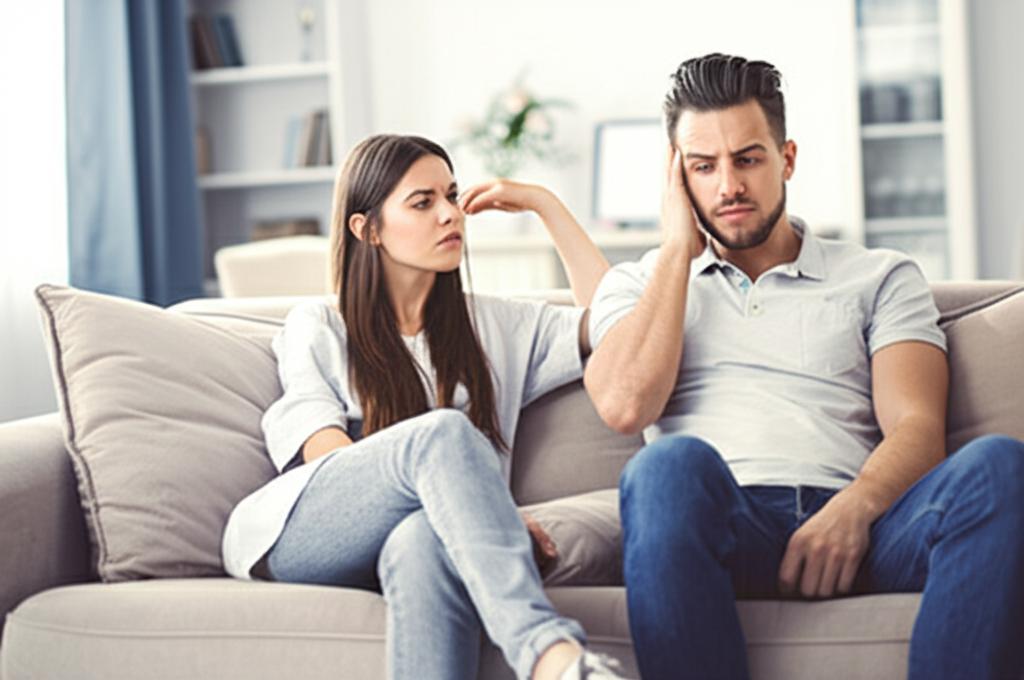 A couple sitting on a sofa looking distant and concerned, representing declining intimacy