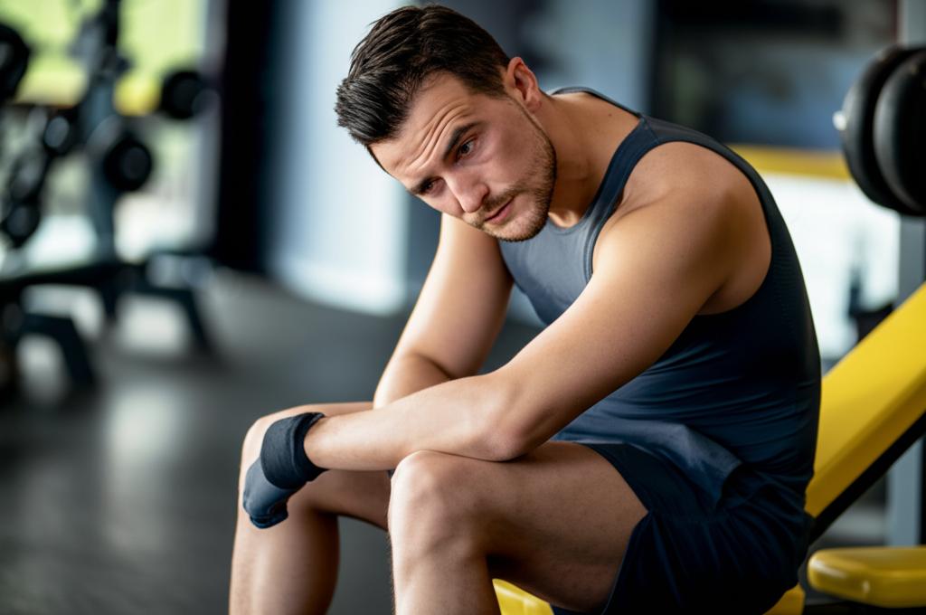 A man looking tired after a workout, sitting on a bench, with a subtle hint of frustration or lack of energy. Realistic style.