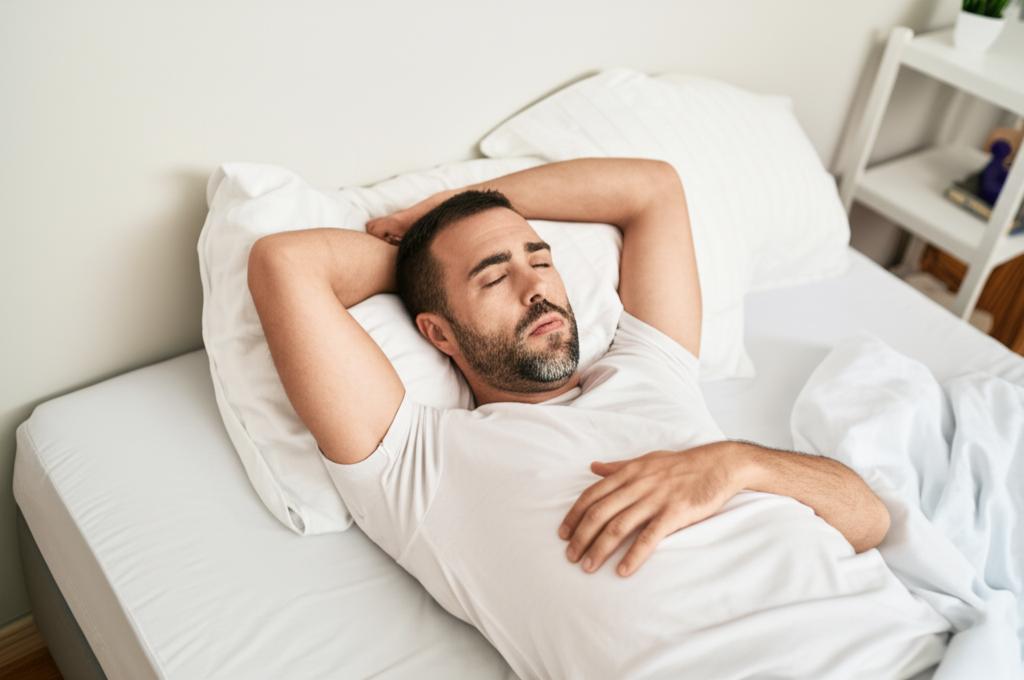 a tired man lying on the bed after workout, feeling frustrated