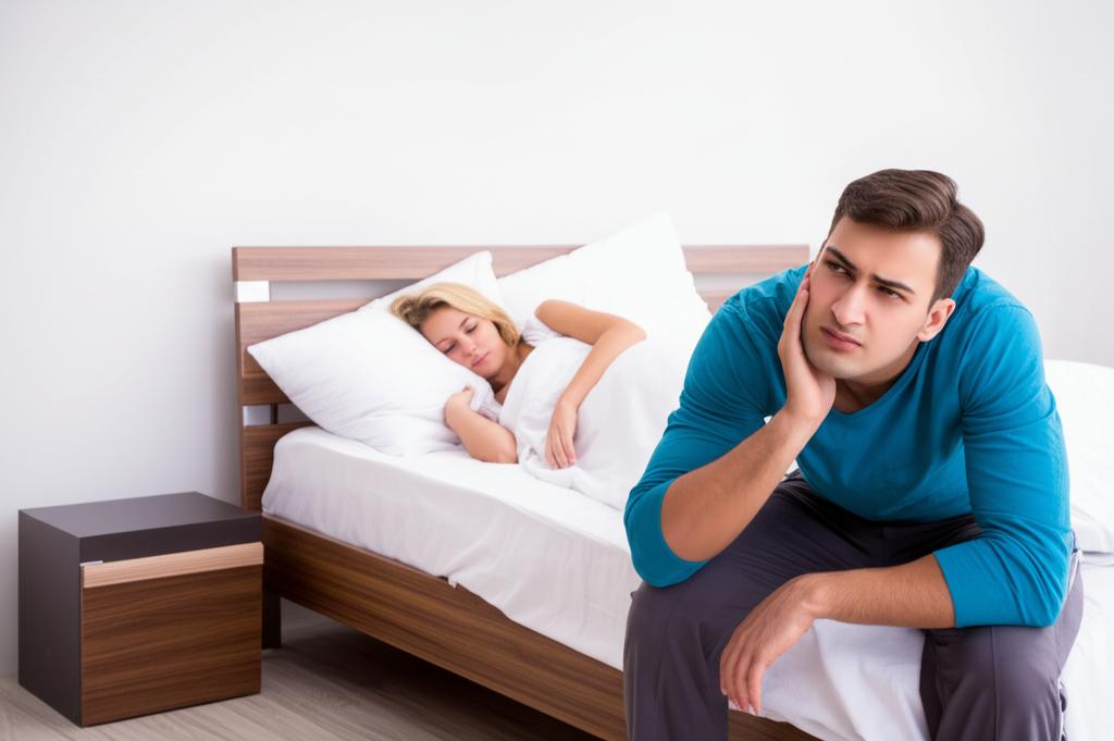 Sad husband sitting on the edge of the bed, wife sleeping beside him, feeling frustrated and distant.