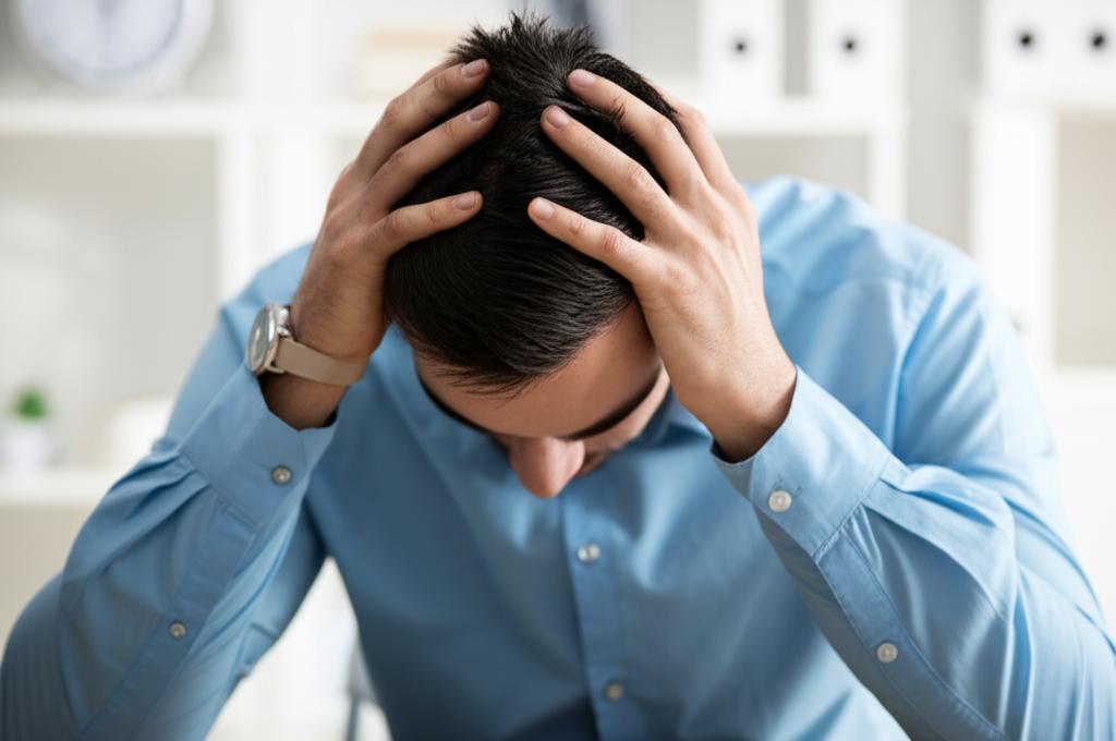 Man stressed at work, holding his head in frustration, with a blurred background of office environment