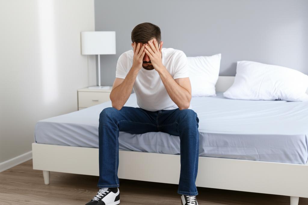 Worried man sitting on the edge of the bed, looking down, feeling insecure about his performance in bed.