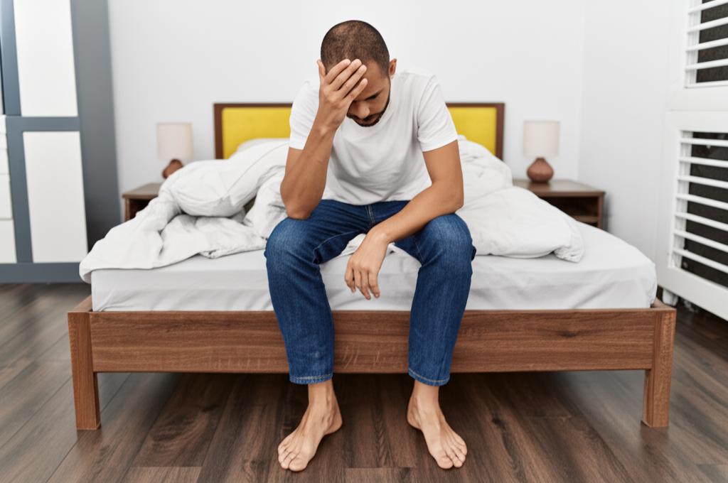 A tired man sitting on the edge of the bed, looking stressed and unhappy.
