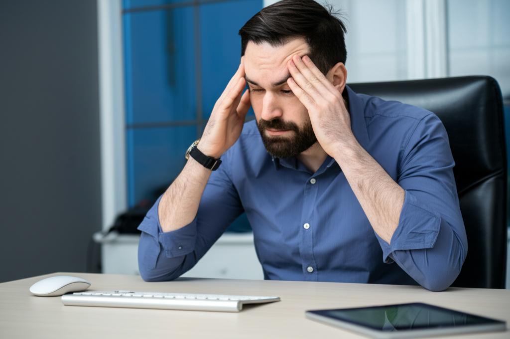 A tired man sitting at his desk, rubbing his temples, looking stressed and overworked.