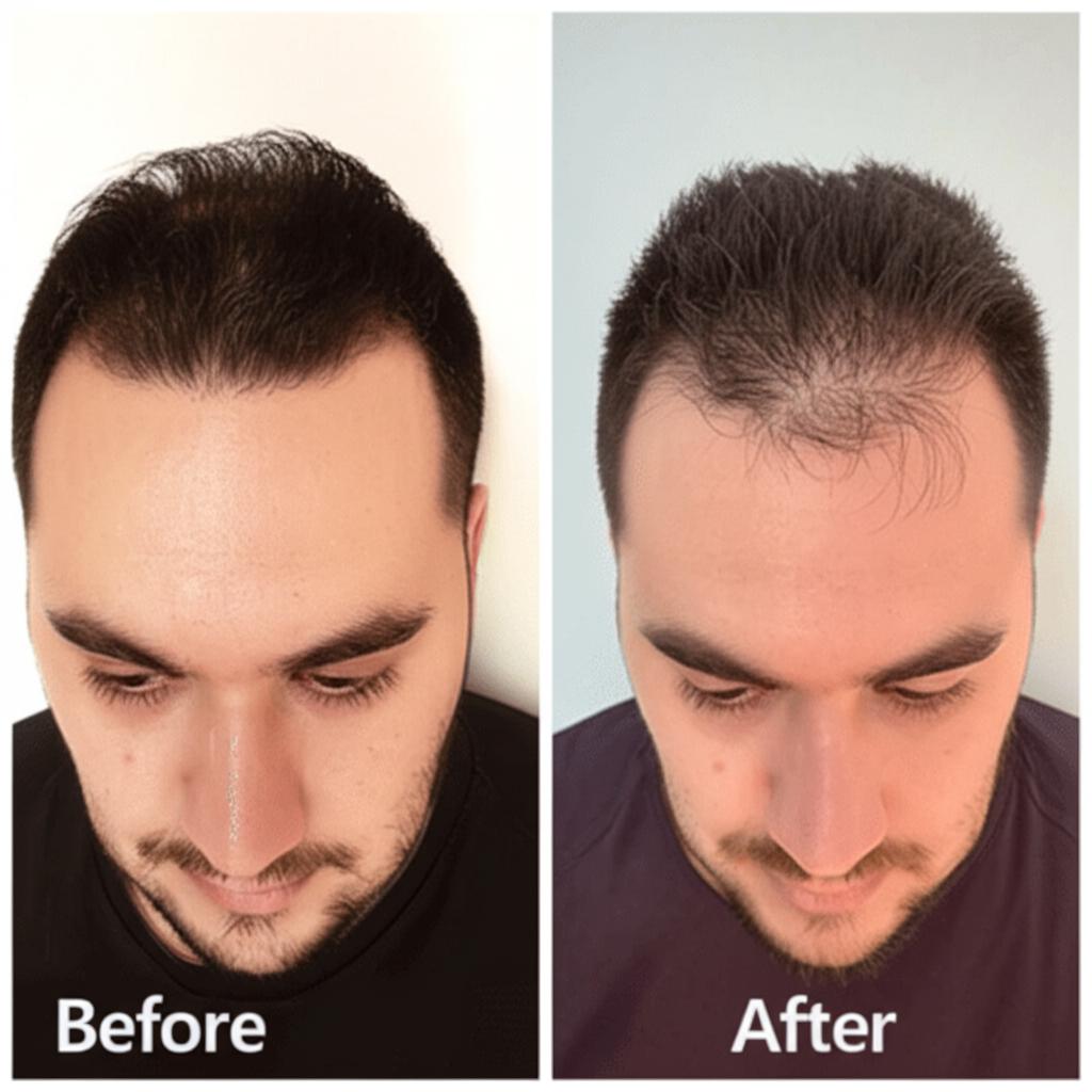 Before and after picture of a man with improved hair growth after using a hair product.
