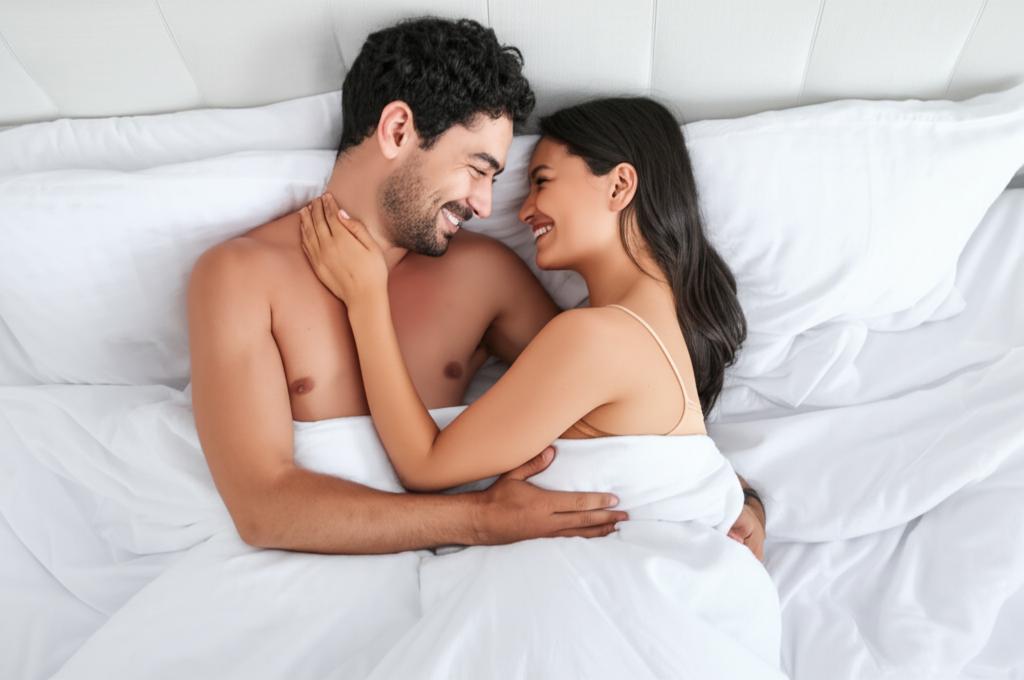 Happy couple in bed, smiling and holding each other after a satisfying intimate moment.