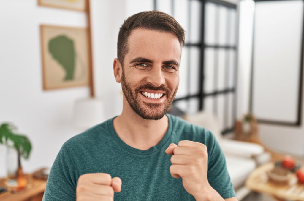 Man smiling confidently, looking healthy and energetic, perhaps in a home setting