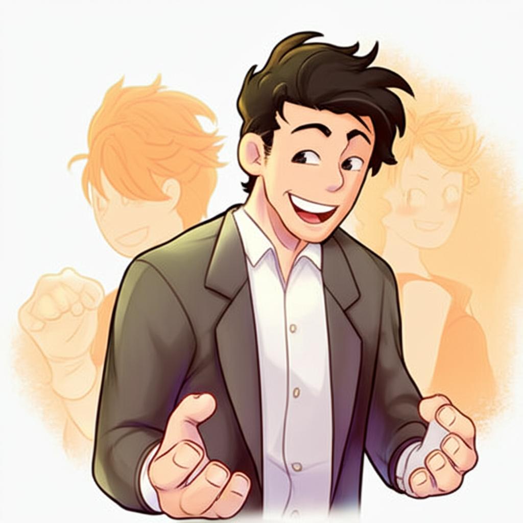 Illustration of a man smiling, looking energetic and confident, perhaps with his partner in the background