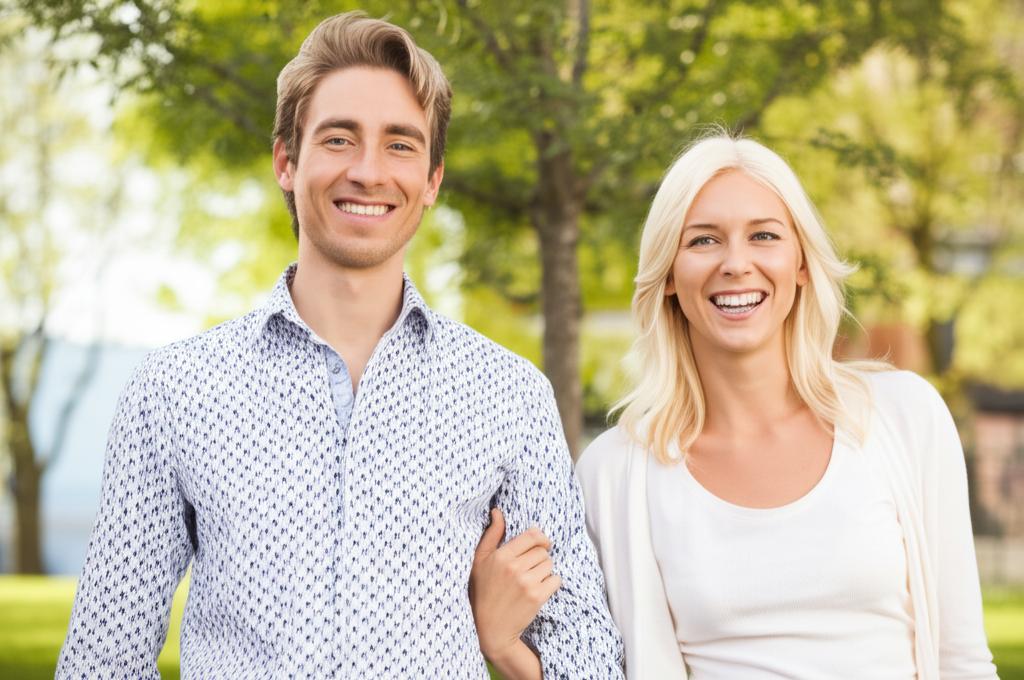 Happy couple holding hands, smiling