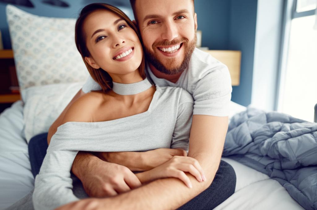 Happy couple embracing on bed, smiling, warm light