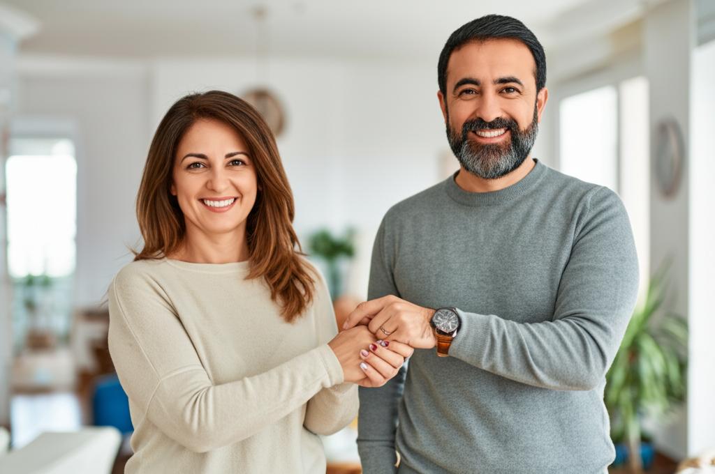 A happy middle-aged couple smiling and holding hands, looking refreshed and energetic.