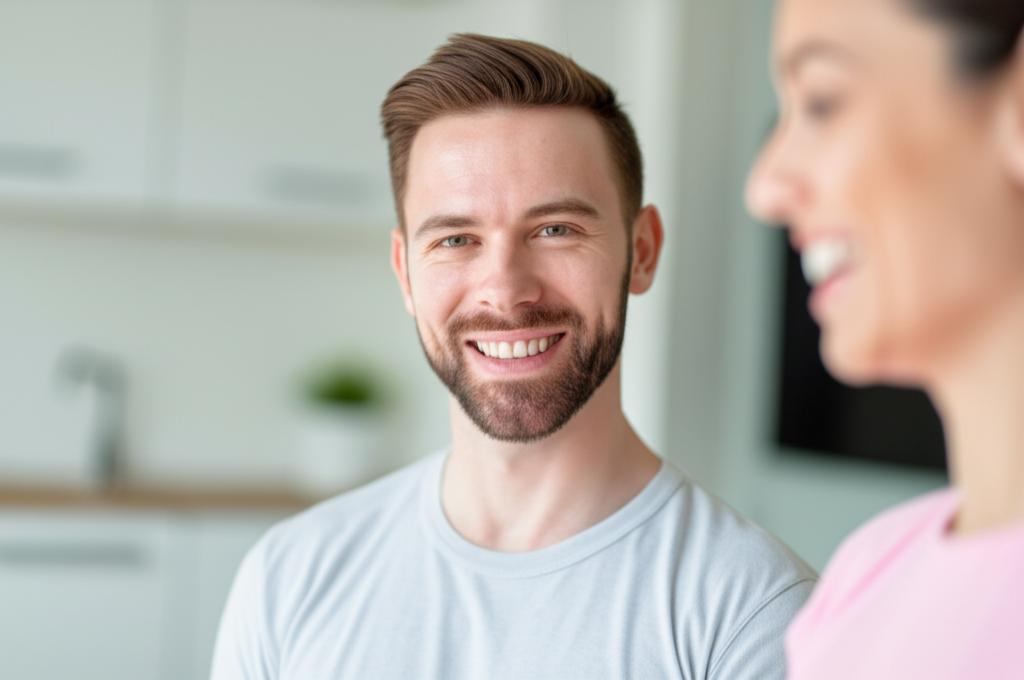 A man looking happier and more energetic, maybe doing light exercise or spending quality time with partner