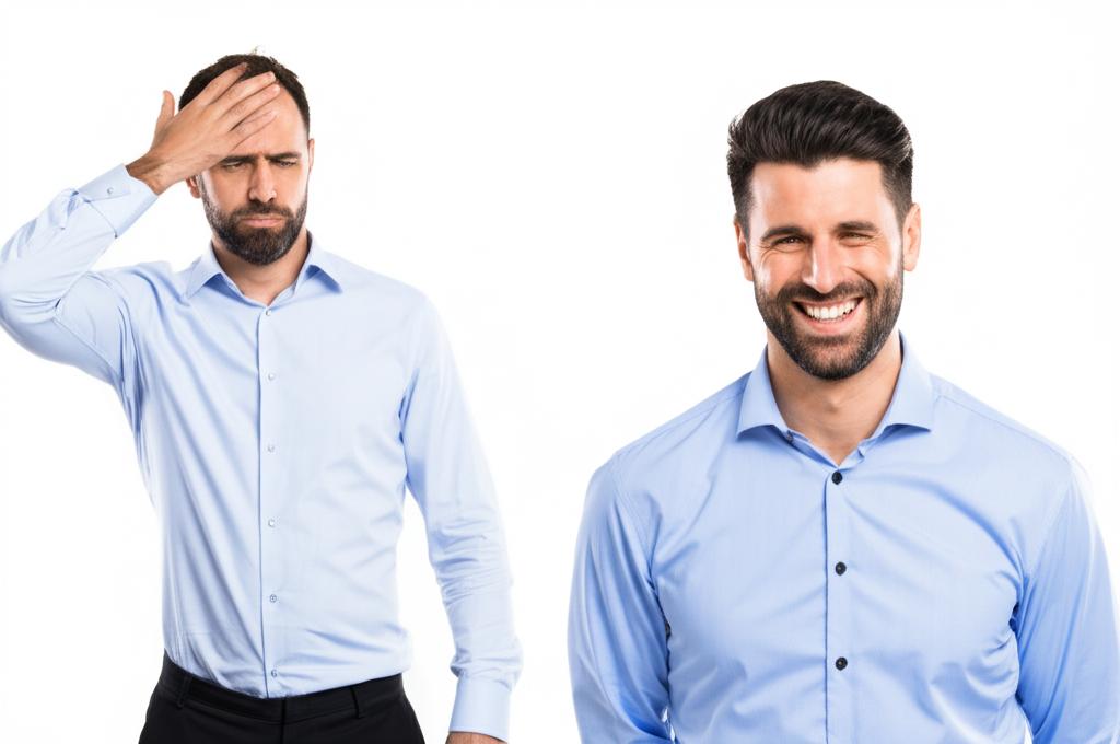 Man looking frustrated and tired, contrasted with a man looking confident and happy