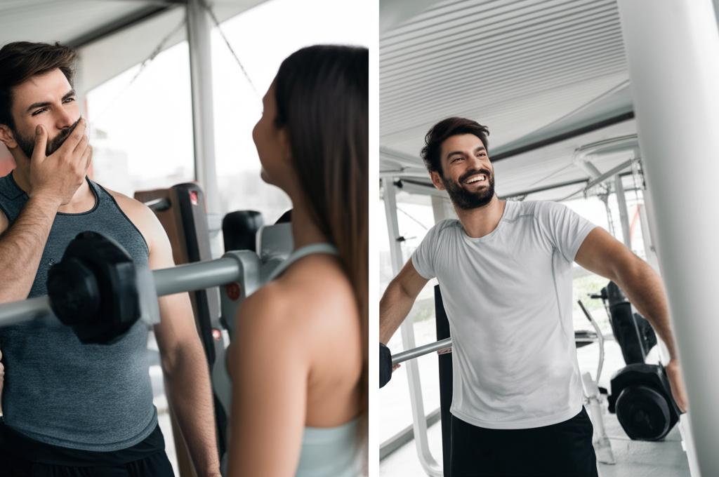 Split image: Left side shows a tired man after a workout. Right side shows the same man looking energetic and happy with his partner, implying restored vitality. Realistic style.