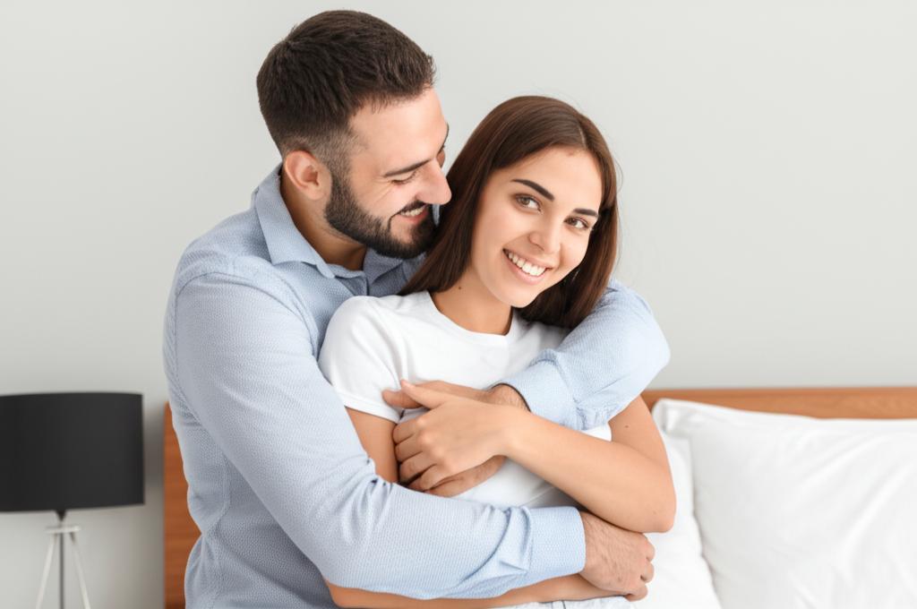 a happy couple hugging each other, smiling in the bedroom