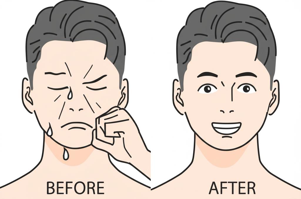 Image prompt: before and after picture of a man, before picture showing a tired and stressed face, after picture showing a smiling and energetic face