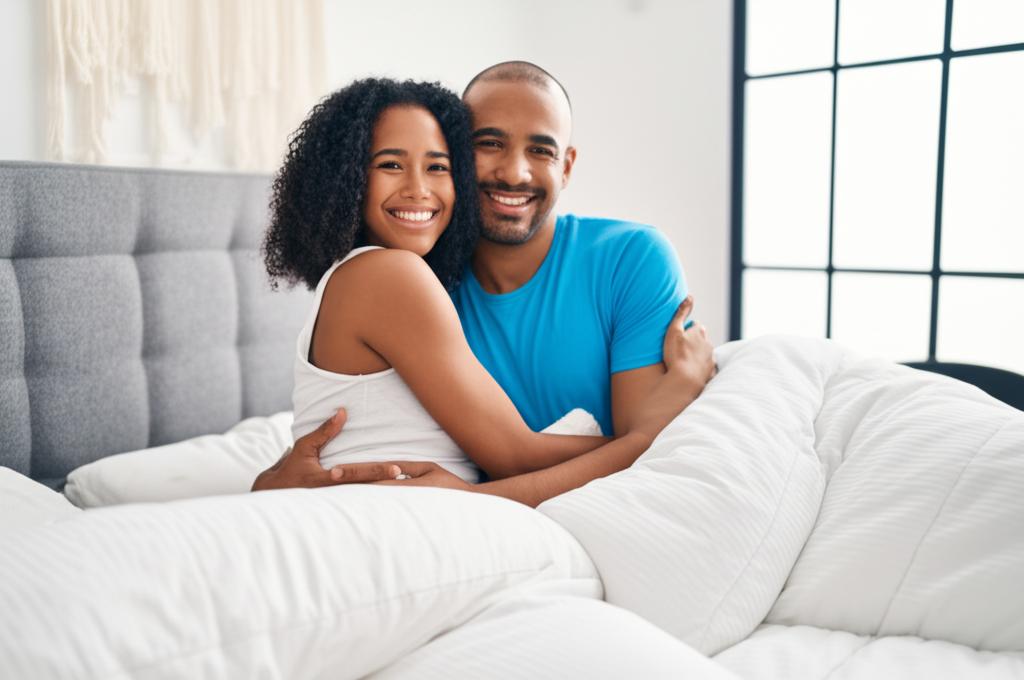 Happy couple hugging in bed, smiling and intimate, representing improved sexual health and relationship.