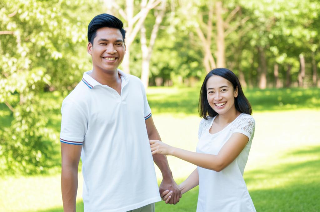 Happy couple smiling and holding hands, enjoying a sunny day in a park