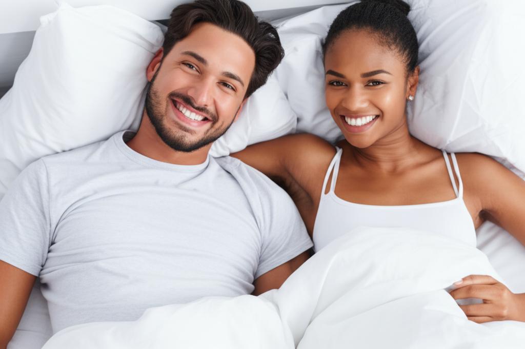 Happy couple in bed, smiling and embracing, feeling satisfied and connected after a fulfilling intimate moment.