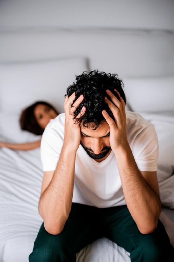 man looking stressed in bedroom, blurred wife in background, soft lighting, realistic photo