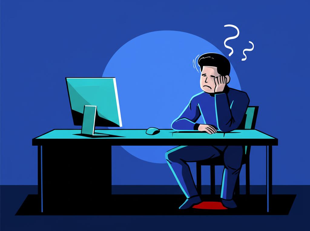 Conceptual image of a tired programmer sitting at a desk with a subtle discomfort indicated in the lower body area, focus on stress and lack of focus