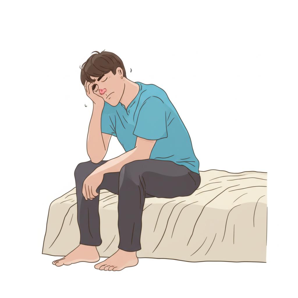 Illustration of a tired man sitting on a bed after intimacy, looking drained.