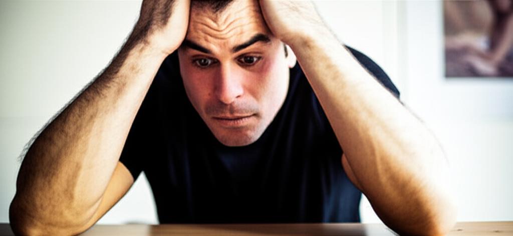 A man sitting at his desk looking tired and rubbing his temples, with a faint background image suggesting a previous intimate moment, realistic photo style