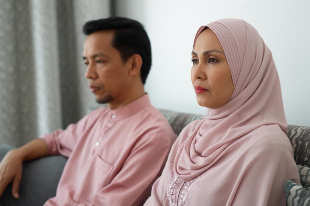 Middle-aged Malay couple looking distant on a sofa, conveying a sense of emotional gap, soft lighting, realistic photo