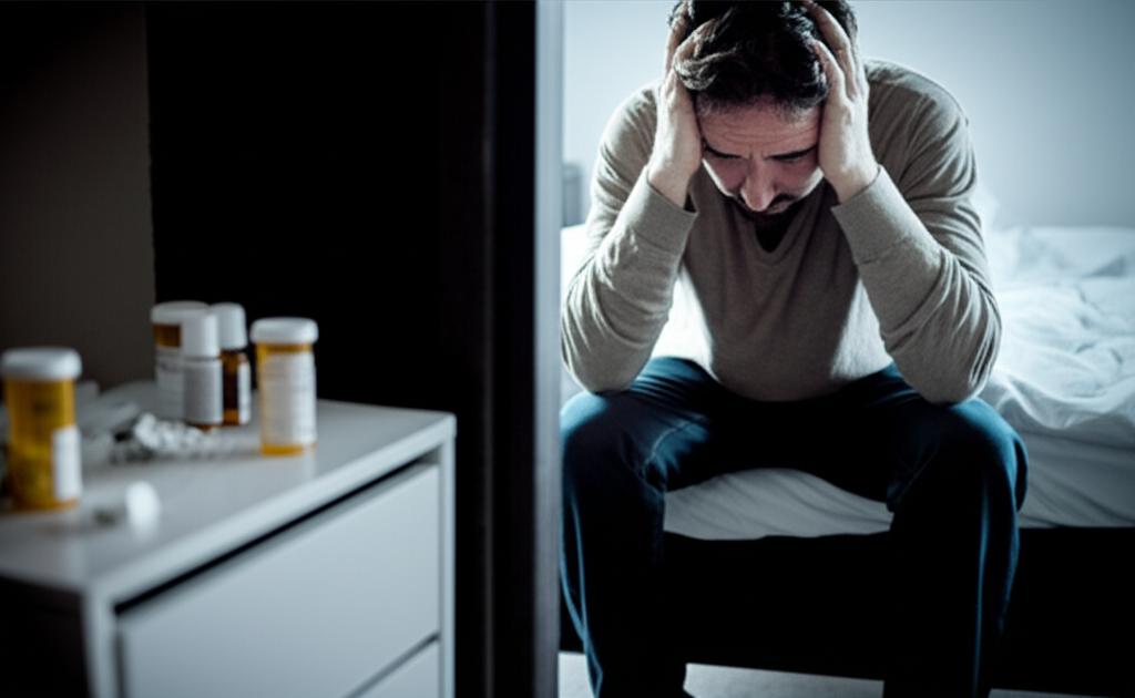 Man feeling frustrated about reliance on medication, cinematic