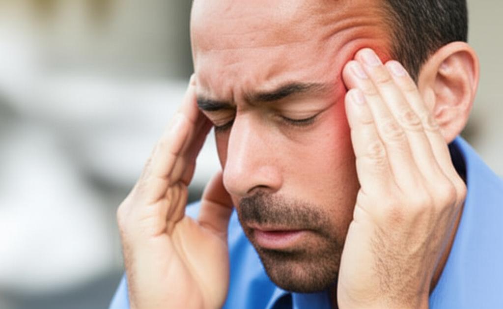 man feeling unwell holding head, experiencing side effects