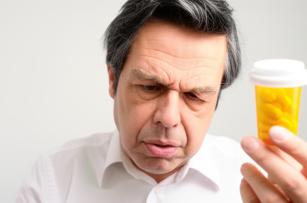 Frustrated middle aged man looking at a pill bottle