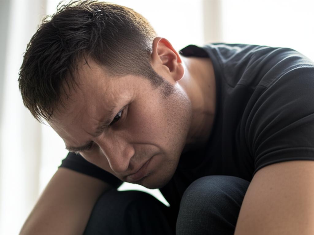 Man looking frustrated and tired, sitting alone