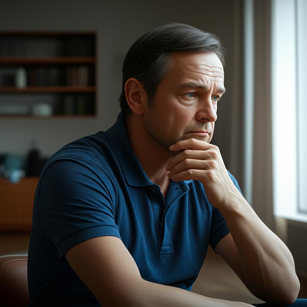 Illustration of a man looking thoughtful, perhaps concerned about his health, in a modern, clean setting. Soft lighting. AI prompt: realistic illustration of a man in his 40s looking slightly concerned, sitting alone, thinking deeply, modern home background, soft lighting, thoughtful expression, not sad, just contemplative, high detail, digital art