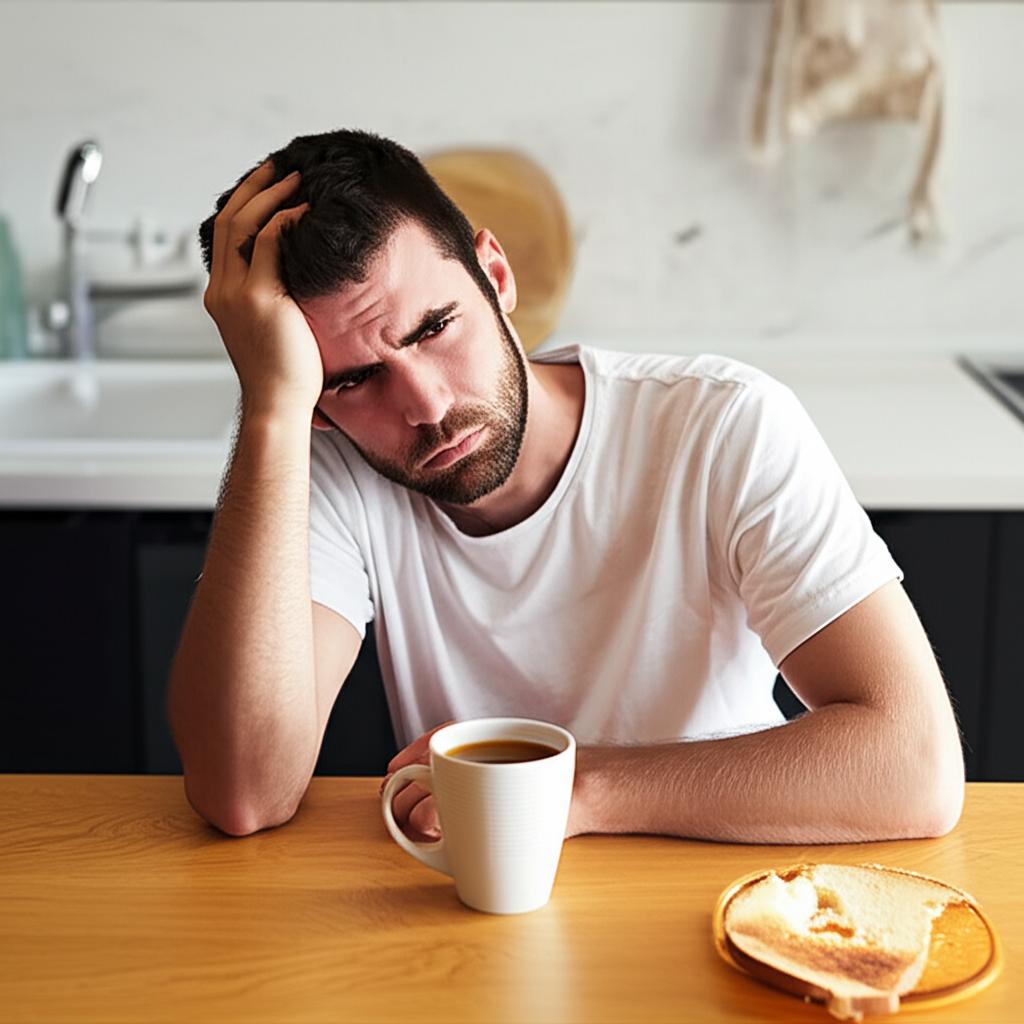 man looking tired and worried in the morning