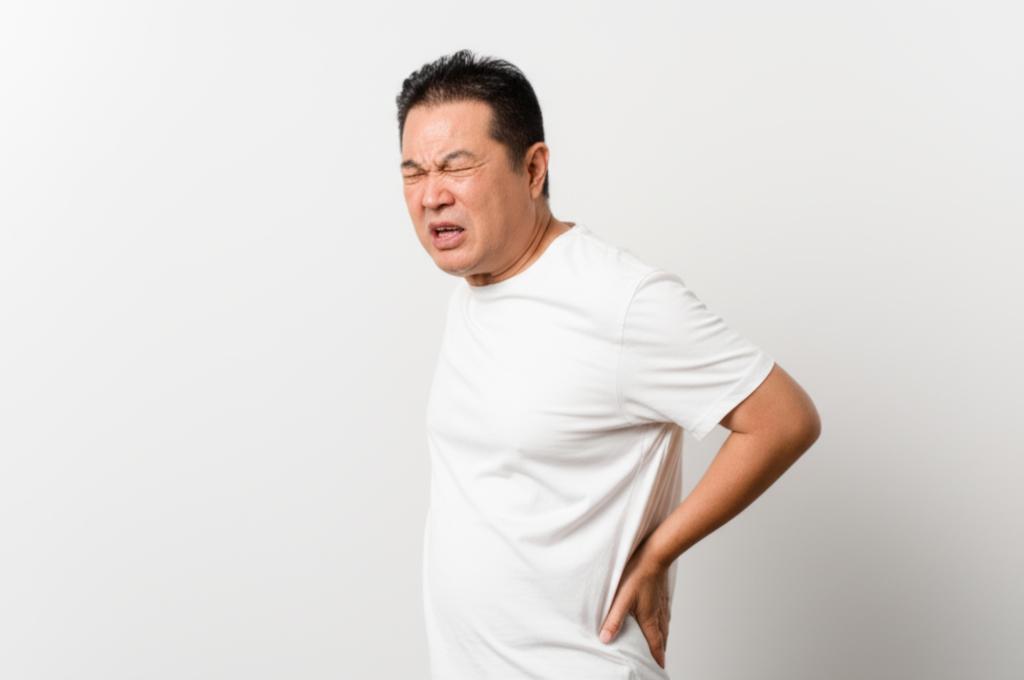 middle aged asian man feeling tired and holding his back