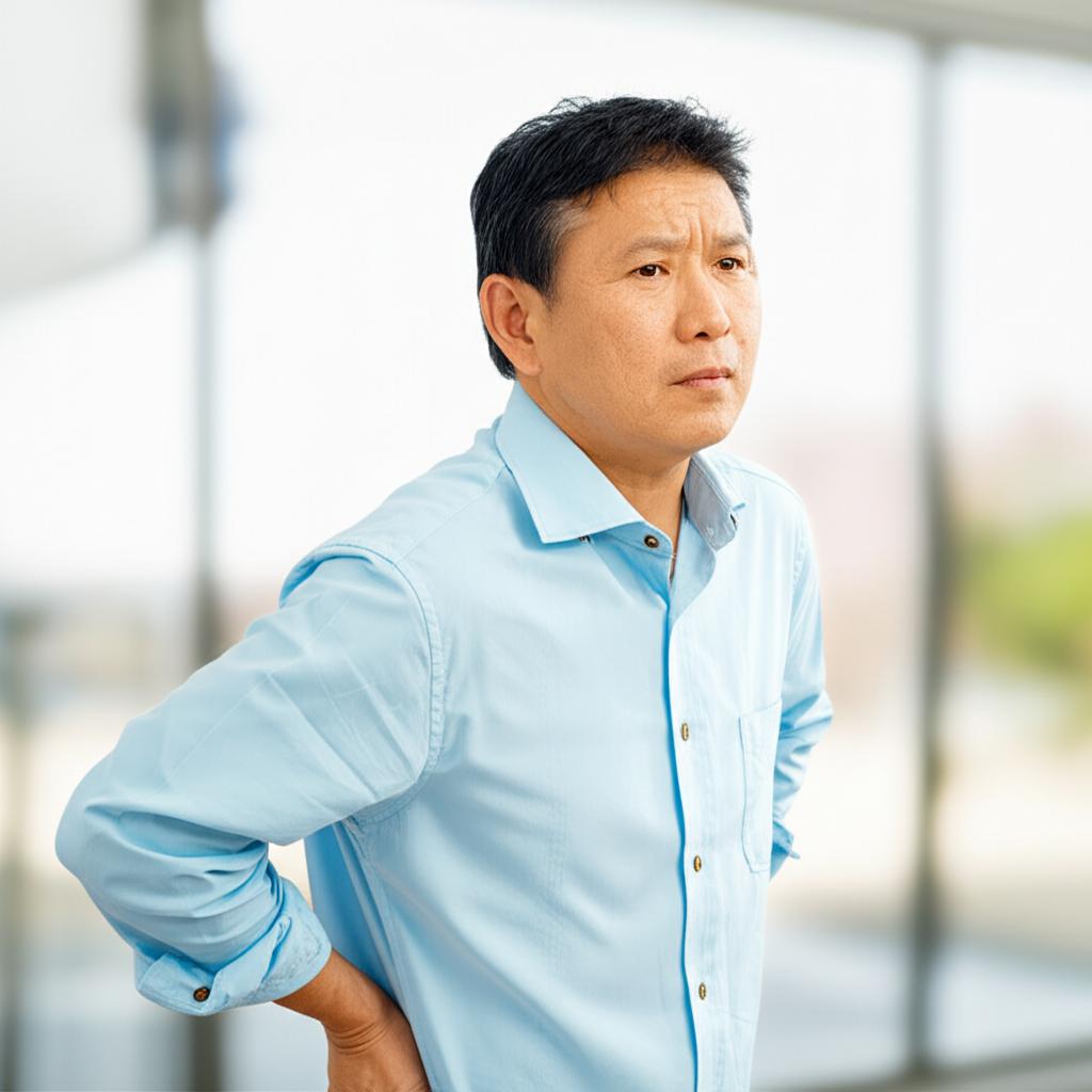 Middle-aged asian man feeling tired, rubbing lower back, looking stressed